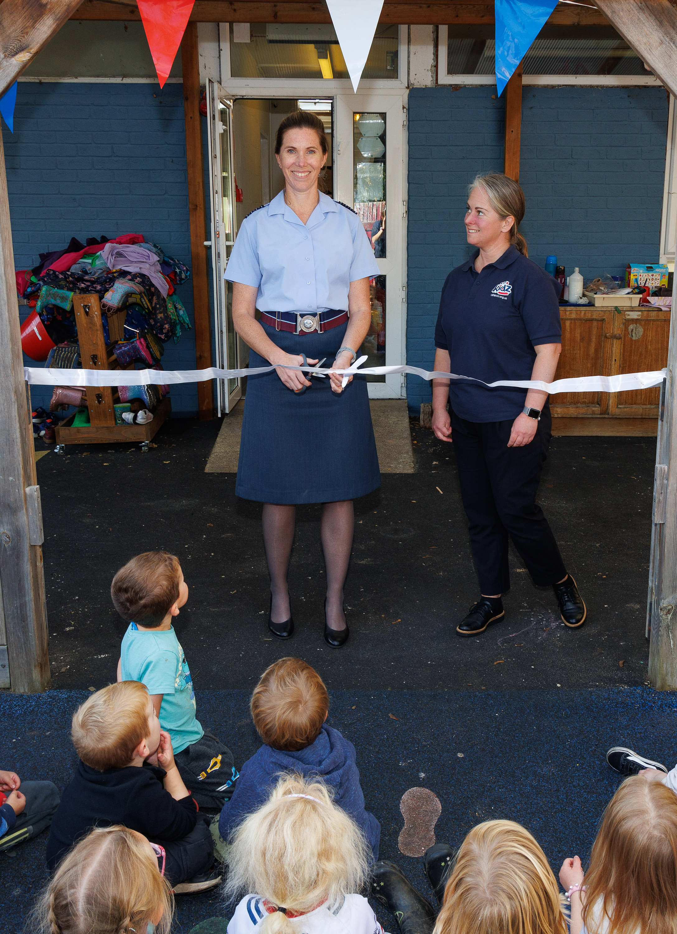 Photo: The new pre-school being officially opened with a ceremonial ribbon cutting by RAF Brize Norton Station Commander, Group Captain Louise Henton.